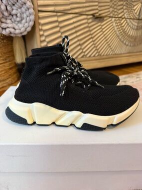 Balenciaga Black Knit Sock Sneakers with White-Trim Laces